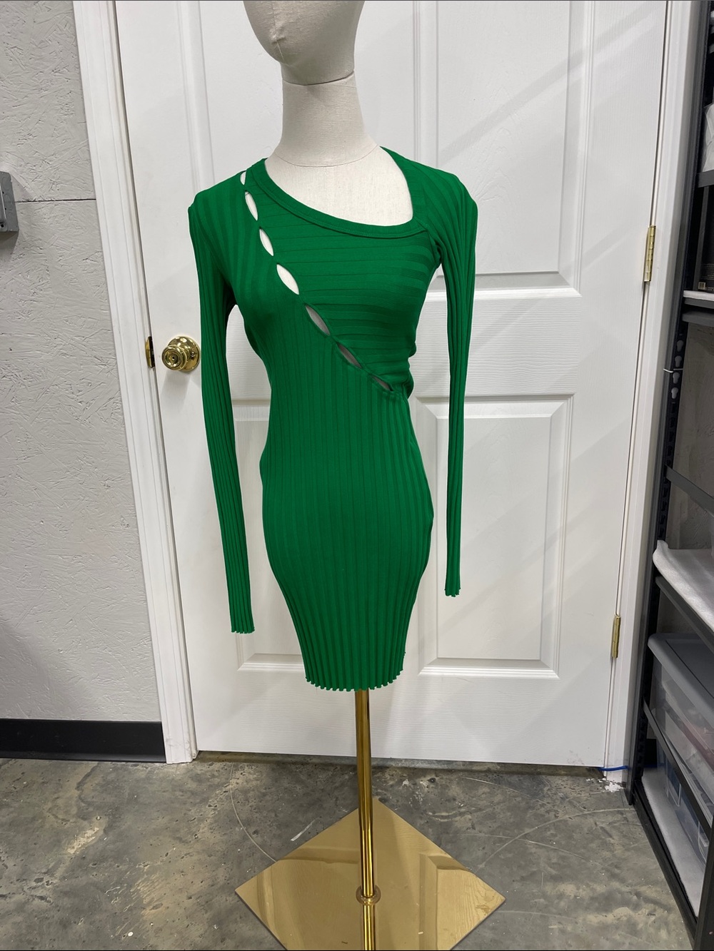 Cotton Citizen Emerald Green Ribbed Cutout Long Sleeve Dress